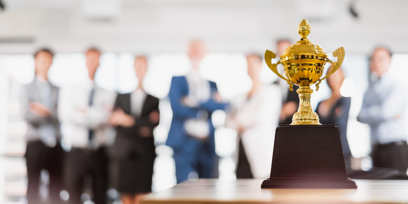 Group of Asian Business people celebrate for trophy, reward, winner, champion and teamwork successful concept